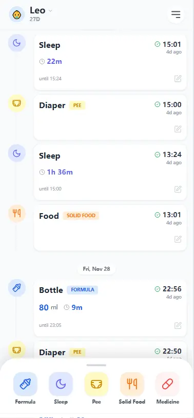 Web based baby tracker interface on smartphone showing feeding track and sleep logs